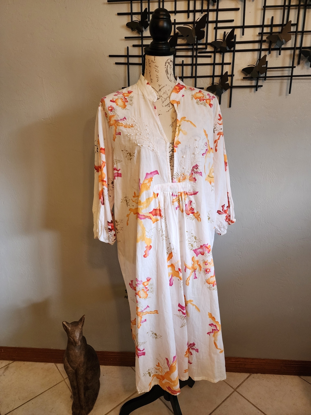 Antica Sartoria White Floral Swim Coverup With Beaded And Pearl Accent